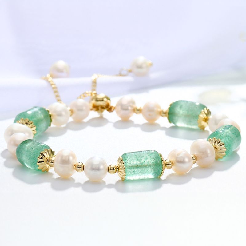 Verdant Green Strawberry Quartz & Pearl Bracelet - Love, Healing, Peace