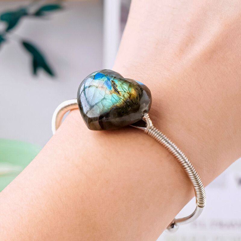 Wire Wrapped Labradorite Heart Bangle - Transformation, Intuition, Protection