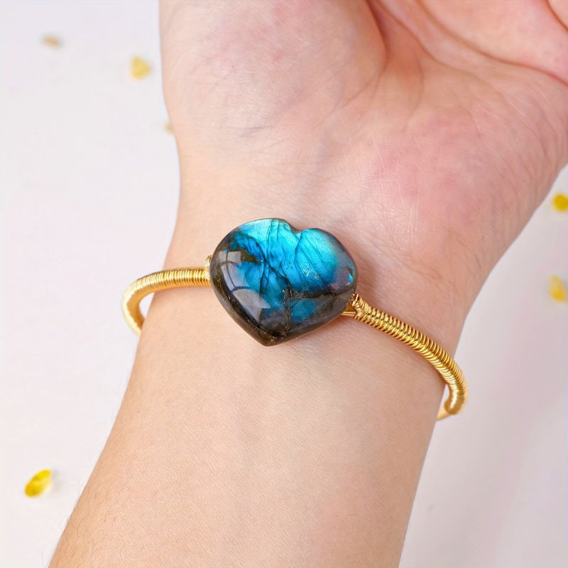 Wire Wrapped Labradorite Heart Bangle - Transformation, Intuition, Protection