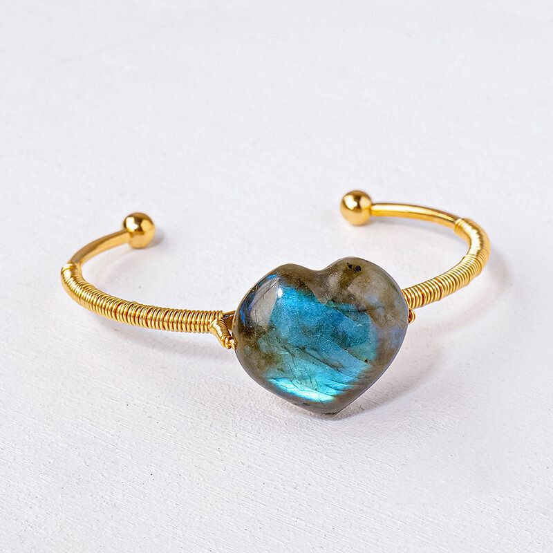 Wire Wrapped Labradorite Heart Bangle - Transformation, Intuition, Protection