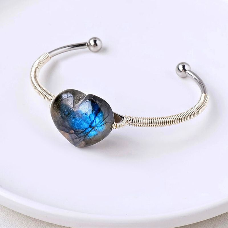 Wire Wrapped Labradorite Heart Bangle - Transformation, Intuition, Protection