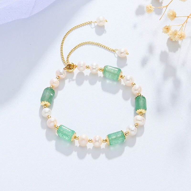 Verdant Green Strawberry Quartz & Pearl Bracelet - Love, Healing, Peace