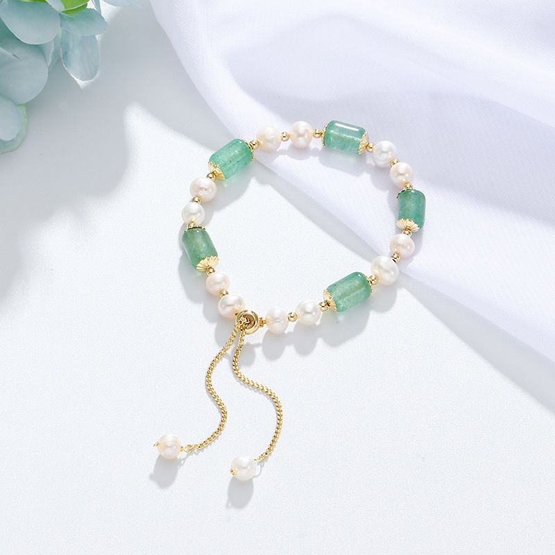 Verdant Green Strawberry Quartz & Pearl Bracelet - Love, Healing, Peace