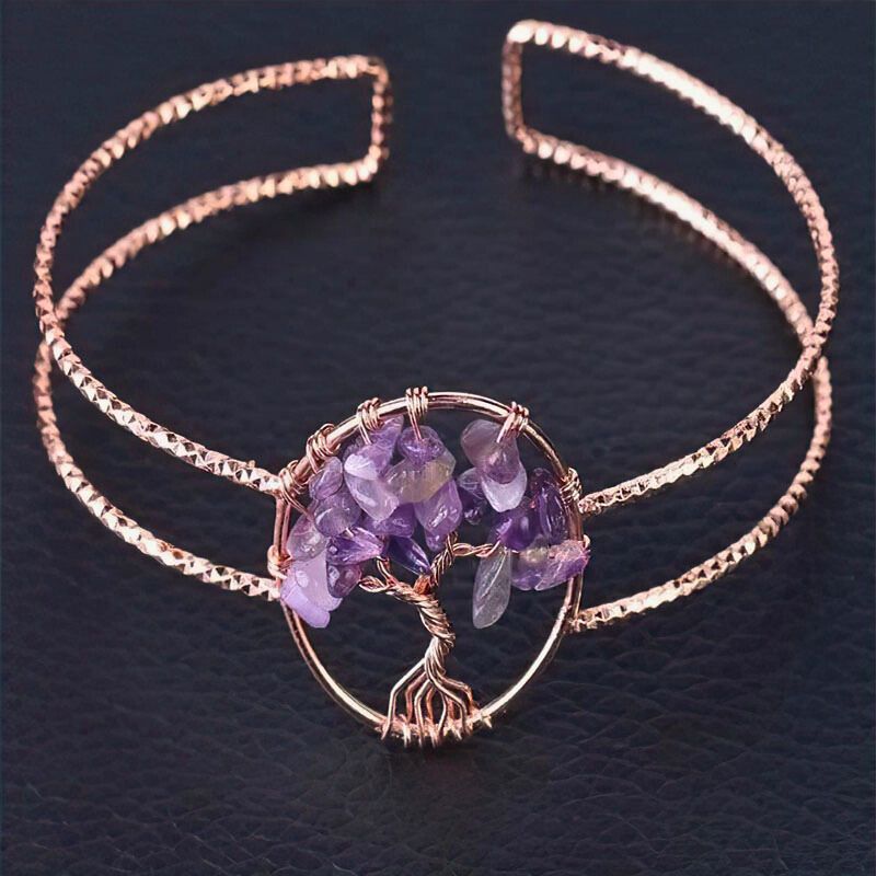 Copper Amethyst Tree Of Life Bangle - Healing, Stress Relief, Grounding