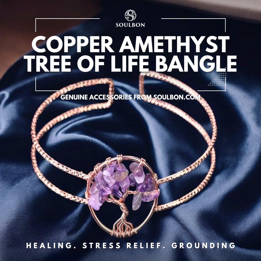 Copper Amethyst Tree Of Life Bangle - Healing, Stress Relief, Grounding