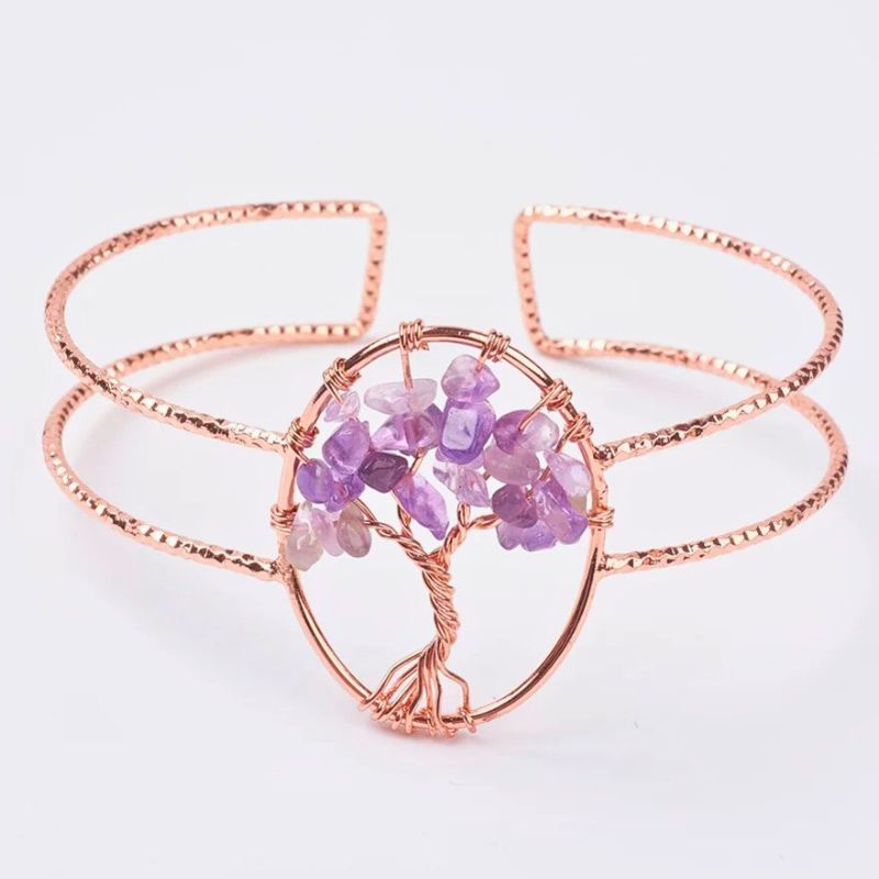 Copper Amethyst Tree Of Life Bangle - Healing, Stress Relief, Grounding