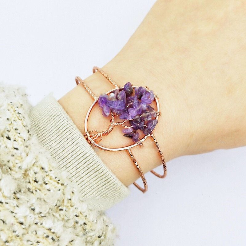 Copper Amethyst Tree Of Life Bangle - Healing, Stress Relief, Grounding