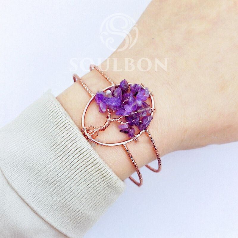 Copper Amethyst Tree Of Life Bangle - Healing, Stress Relief, Grounding