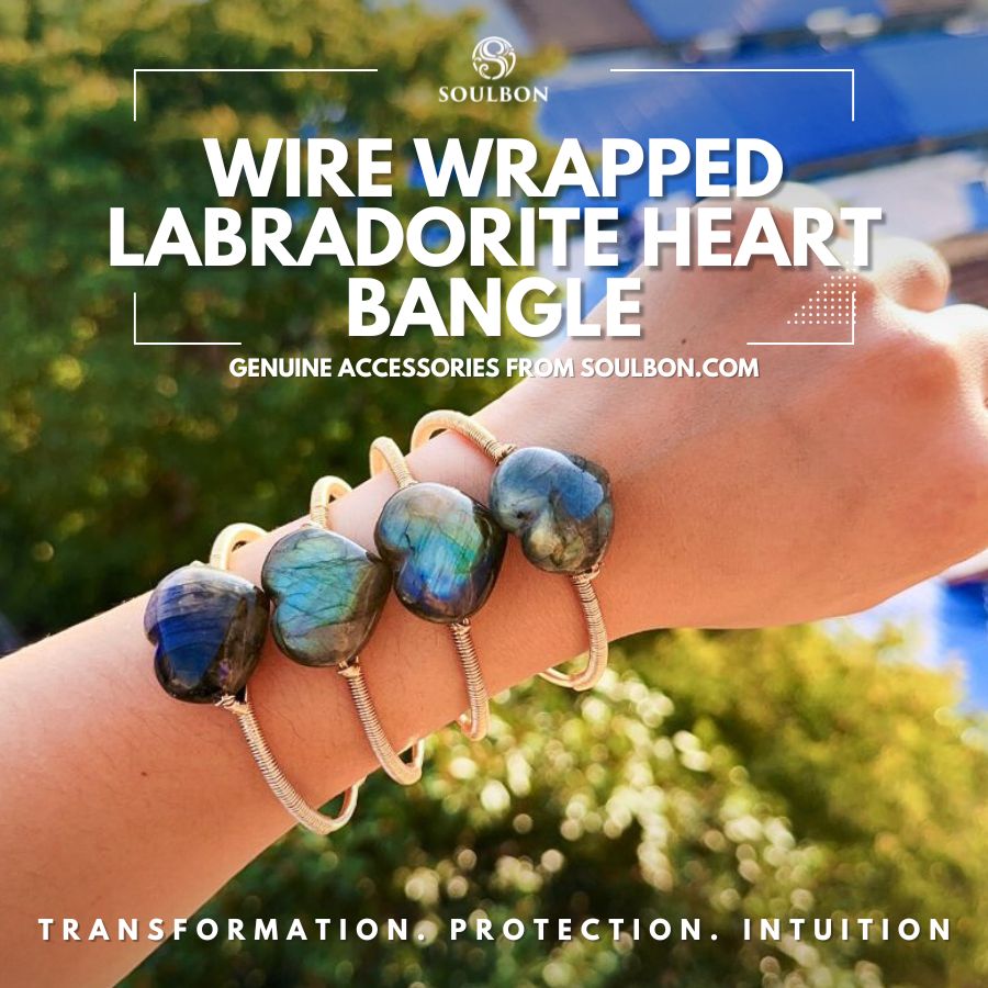 Wire Wrapped Labradorite Heart Bangle - Transformation, Intuition, Protection