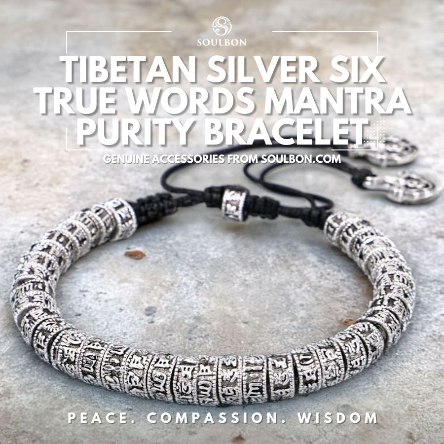 Tibetan Silver Six True Words Mantra Purity Bracelet - Peace, Compassion, Wisdom