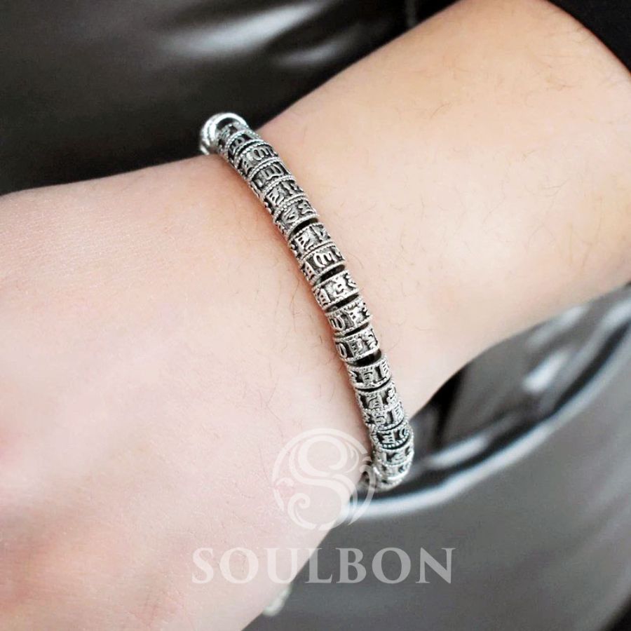 Tibetan Silver Six True Words Mantra Purity Bracelet - Peace, Compassion, Wisdom