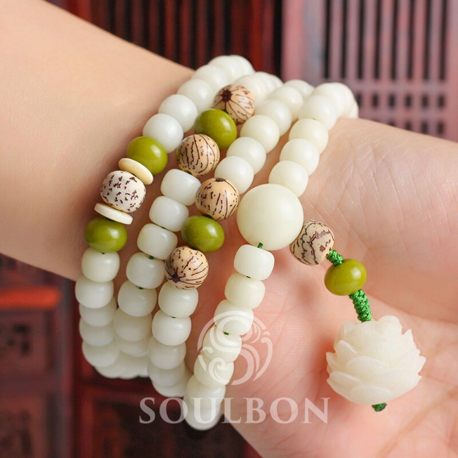 White Jade Bodhi Seed Lotus 108 Mala Bracelet Necklace - Spirituality, Harmony, Protection