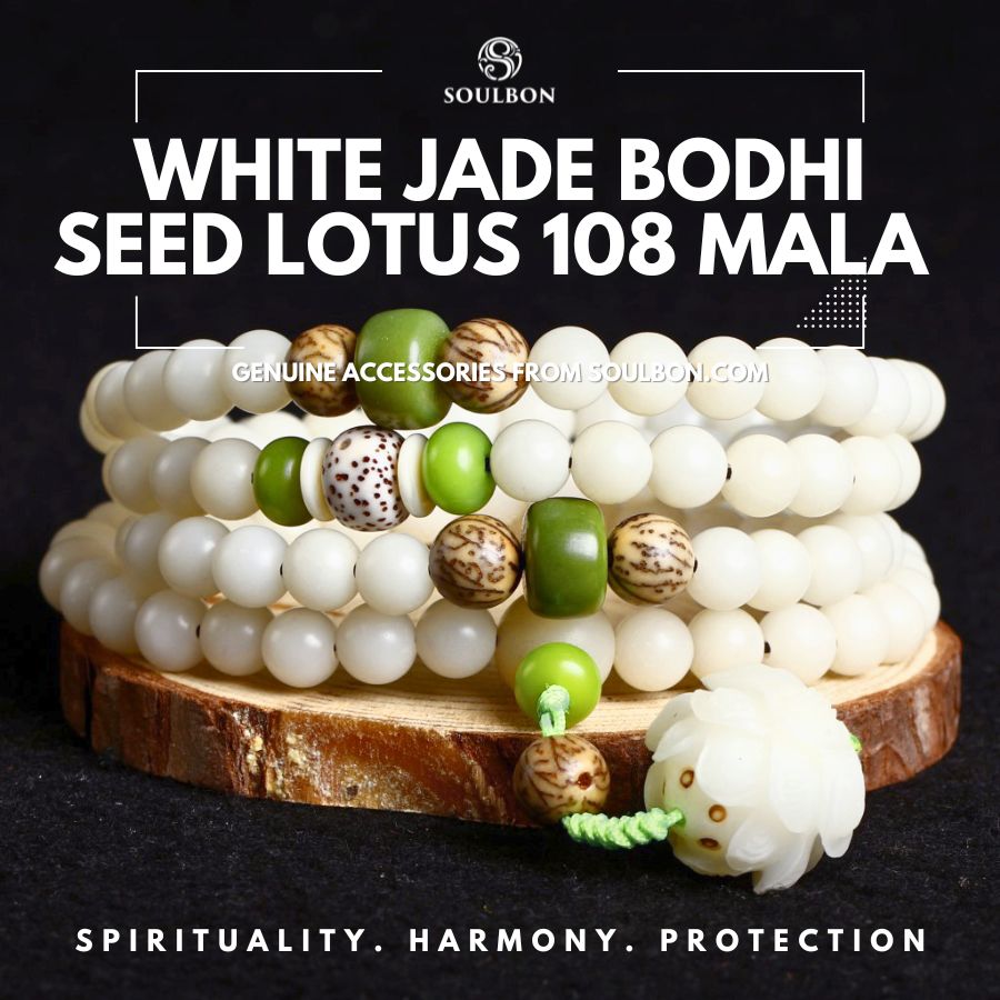 White Jade Bodhi Seed Lotus 108 Mala Bracelet Necklace - Spirituality, Harmony, Protection