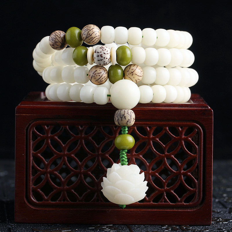 White Jade Bodhi Seed Lotus 108 Mala Bracelet Necklace - Spirituality, Harmony, Protection