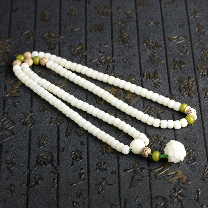 White Jade Bodhi Seed Lotus 108 Mala Bracelet Necklace - Spirituality, Harmony, Protection