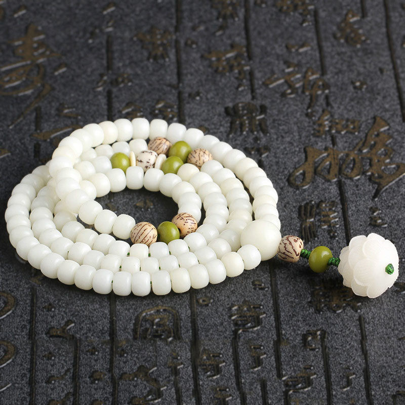 White Jade Bodhi Seed Lotus 108 Mala Bracelet Necklace - Spirituality, Harmony, Protection